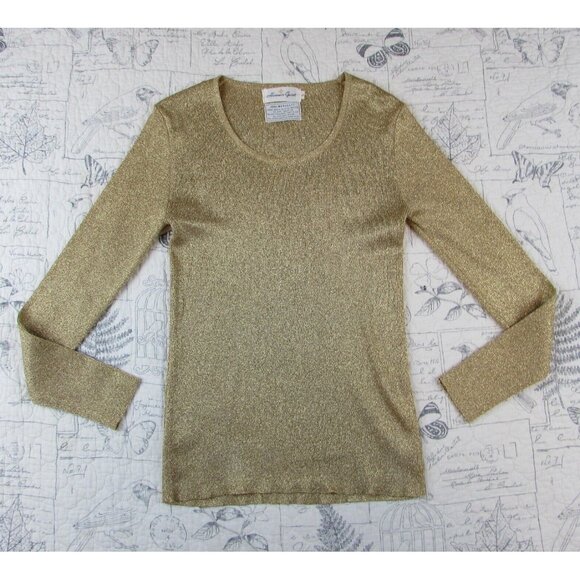 Vntg Herman Geist Gold metallic Long Slv ribbed scoop neck fitted knit top  S - Picture 1 of 7